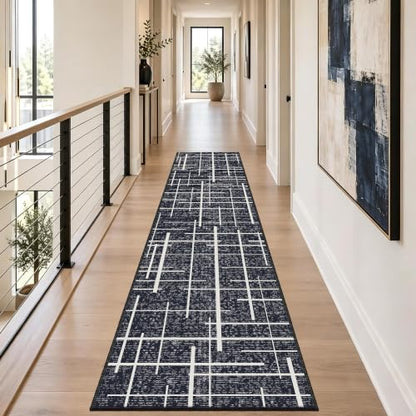 Modern Stripe Hallway Runner Rug Non Slip, Washable 2x10 Runner Rug, Woven Thin Low Pile Carpet Runners for Hallway 10ft Entryway, Kitchen, Walkway -Midnight Black - color: Striped-black/White, size: 2' x 10' (Runner)