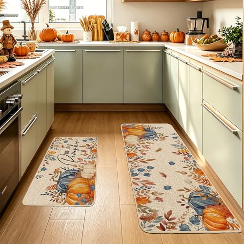 Baccessor Fall Pumpkin Kitchen Rugs Set of 2, 17x29 and 17x47 Inch - color: Blue Floral