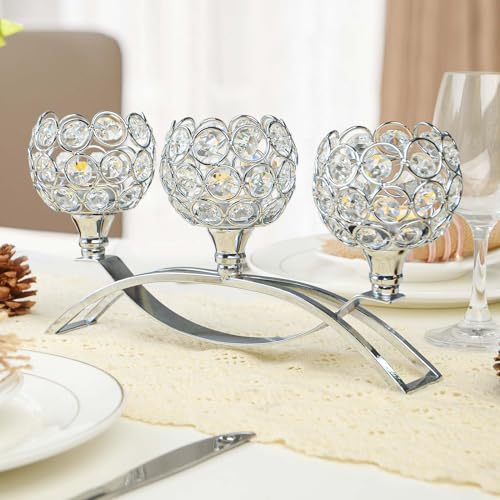 Crystal Tealight Candle Holder Centerpiece Home Decorative Candlestick Holder Elegant Table Centerpiece Home Decor Wedding Party Anniversary (Silver, 3 Arm) - color: Silver, size: 1 Piece