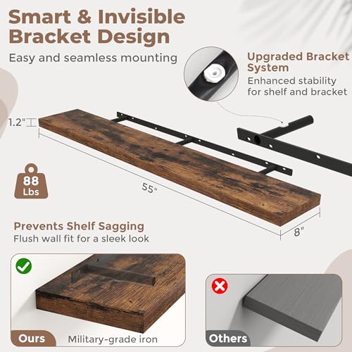 55 Inch Floating Shelves for Wall 2 Pack, 8"D Wood Grain Bathroom Shelves - color: Rustic Brown Finish, size: 55"W x 8"D x 1.2"H, 2 Pack