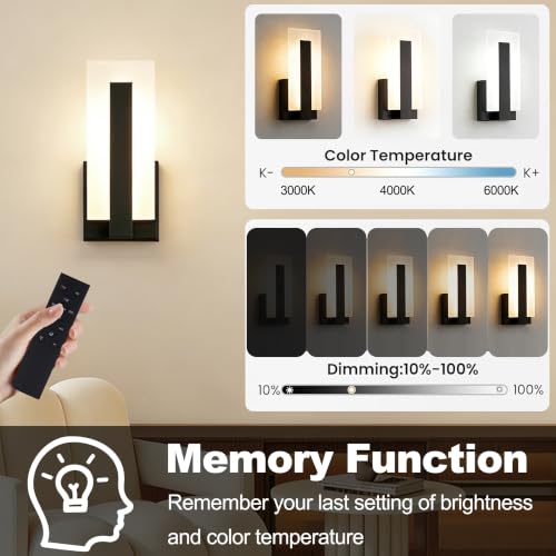 Battery Operated wall sconces Set of Two,3 CCT Dimmable Rechargeable Wireless Wall Light with Remote,Modern Black LED Wall Sconce Lighting for Hallway, Bedroom, Living Room - size: 9.8in-Battery Operated
