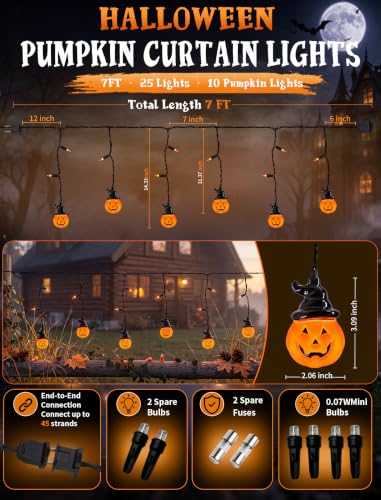 7FT Halloween Pumpkin Curtain String Lights Plug-in 25 LED Decor - color: Hooded Pumpkin Curtain Lights