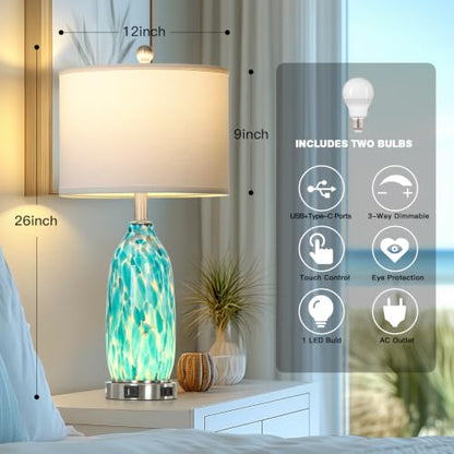 Rinweey 26" Peacock Green Glass Table Lamp for Bedroom Living Room,Coastal Nautical Bedside Lamps with USB Ports & AC Outlet,Touch Lamps with Night Light,Single Peacock Green - color: Peacock Green-1P