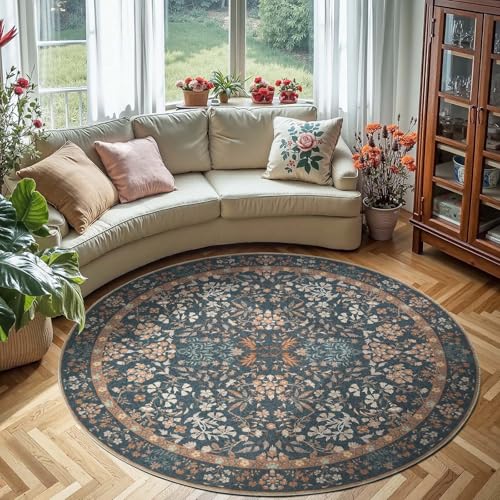 jinchan 6ft Washable Round Area Rug, Vintage Floral, Dark Blue - color: Dark Blue, size: 6' (Round)