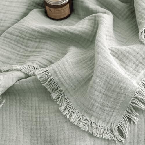FOSSA Muslin Blanket 4-Layer 100% Cotton Gauze Blanket with Fringe 50"x70" - color: Sage Green, size: Throw XL (50" × 70")
