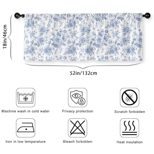Blue Floral Blackout Window Valance Curtain, Toile Flower Valances - color: Flower 5, size: 52"W x 18"L (Pack of 1)