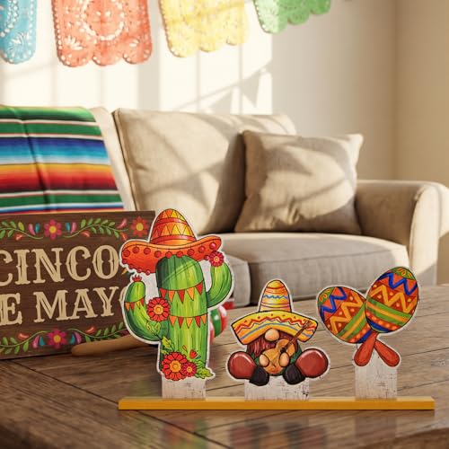 Smile Cinco De Mayo Standing Wooden Decor Set, 3-Piece Mexican Fiesta Wooden Cutouts (Cactus, Gnome, Maraca) for Tabletop & Party Display - style: Mexico