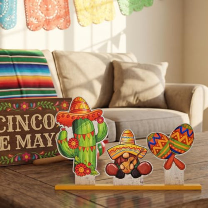 Smile Cinco De Mayo Standing Wooden Decor Set, 3-Piece Mexican Fiesta Wooden Cutouts (Cactus, Gnome, Maraca) for Tabletop & Party Display - style: Mexico