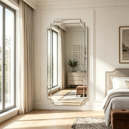 59"x30" Large Geometric Beveled Mirror with Silver Wood Frame - color: Silver, size: 59"L x 30"W