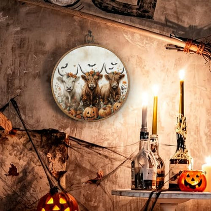 Halloween Highland Cow Pumpkin Round Wall Art, Halloween Picture Wall Decor - color: Highland Cow-2