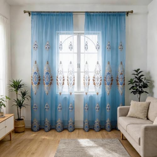 Amidoudou Rod Pocket Curtains European Luxury Sheer Embroidered Curtains for Living Room Bedroom (Blue,37" W x 84" L (Pack of 2)) - color: Blue, size: 37"W x 84"L (Pack of 2)