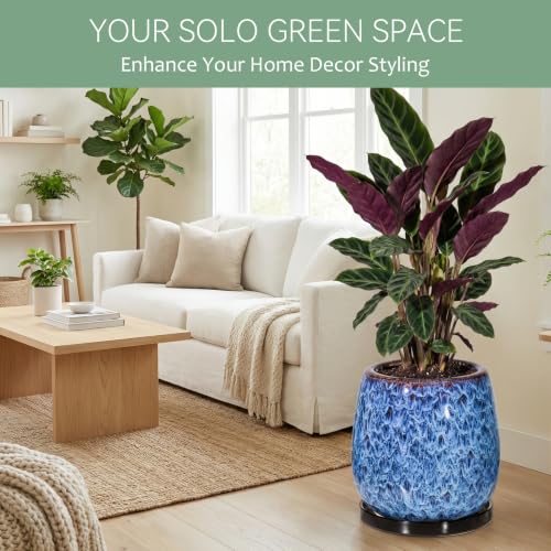 10.3 Inch Ceramic Glaze Plant Pot with Saucer, Flower Pots with Drainage Hole Mesh Net (Blue) - color: Blue