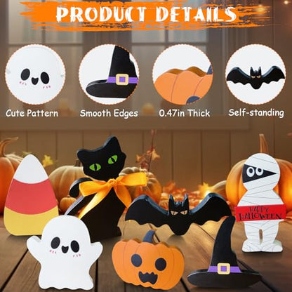 Cute Halloween Decorations Indoor: 7PCS Wooden Tiered Tray Decor Table Sign - Pumpkin Ghost Bat Black Cat Mummy Witch Hat Candy Corn Freestanding Signs for Party Home Mantel Shelf Display - style: Cute