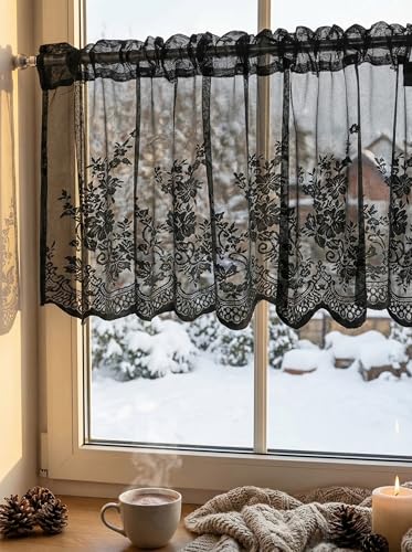 Molaxhome Kitchen Curtains Valance Black Lace Floral Semi Sheer Curtain - color: Black, size: 54"W x 24"L (Pack of 1)