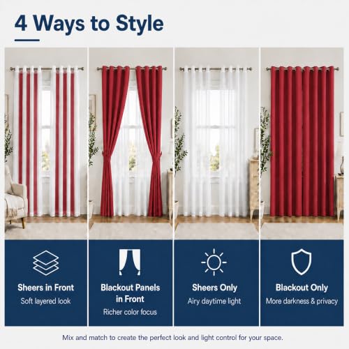 Layered Window Treatments Curtains for Bedroom, Living Room, 4 Panel Set - color: Burgundy, size: 37"W x 63"L (Pack of 4)