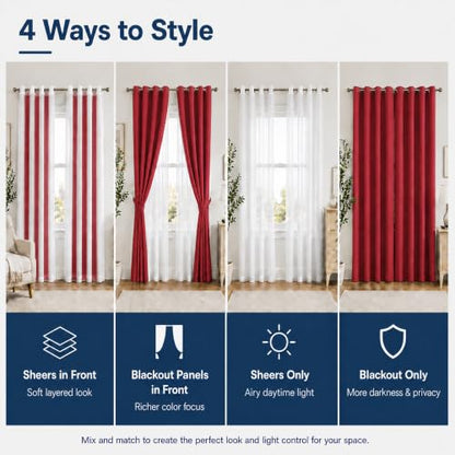 Layered Window Treatments Curtains for Bedroom, Living Room, 4 Panel Set - color: Burgundy, size: 37"W x 63"L (Pack of 4)