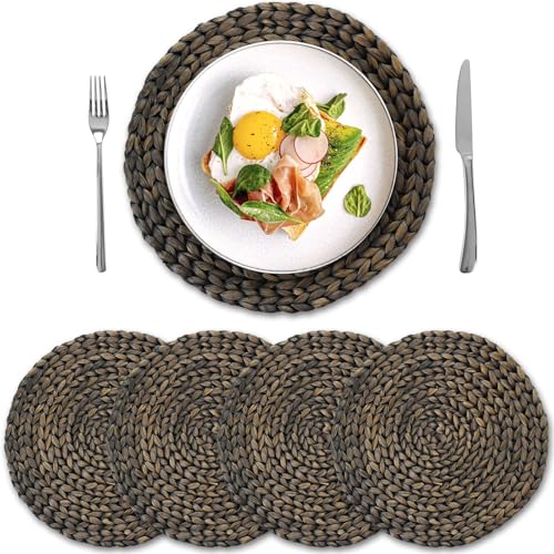 Round Woven Placemats Set of 4, Natural Water Hyacinth Place Mats, Boho Wicker Placemats, Table Mats for Dining Table (13.8 inch) Black by YANGQIHOME - color: Black (Set of 4)