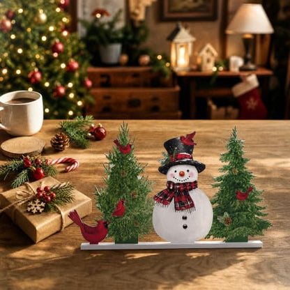 Smile Christmas Tabletop Decor Snowman Pine Tree Red Cardinal Bird Winter Farmhouse Wooden Centerpiece Sign - style: Tree Bird
