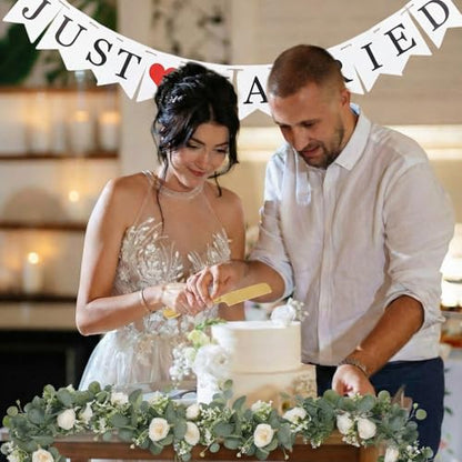 Complete Wedding Decoration Set - Mr & Mrs Sign with Just Married Banner, Gold Cake Cutting Set, 13ft Eucalyptus Rose Garland and 200 Pcs Ivory Petals for Aisle Scatter & Table Centerpieces