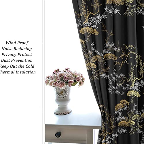 Cool Japanese Grommet Blackout Curtains for Living Room,Room Darkening Modern Black Gold Japanese Chinese Pine Pattern Window Drapes,2 Panels 45L x 21W - color: Cool Japanese, size: 42"W x 45"L (Pack of 1)