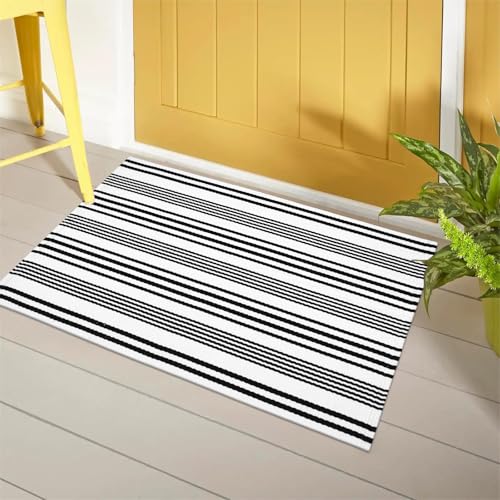 LEEVAN 2'X3' Black and White Striped Woven Cotton Reversible Outdoor Rug - color: 1white Strip, size: 2' x 3'