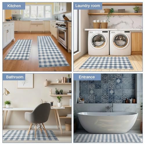 Dunzy 2 Pcs Blue Gingham Kitchen Mats Cute Farmhouse Plaid Runners Non-Slip - color: Blue