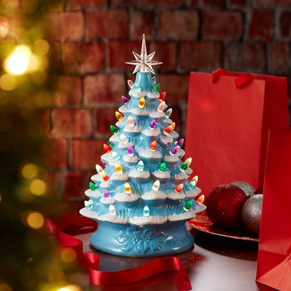 Casafield Hand Painted Ceramic Christmas Tree, Blue Snow Flocked 15-Inch Pre-Lit Tree with 128 Multi Color Lights and 2 Star Toppers - color: Blue Snow Flocked