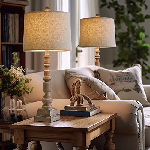 Oneach 27.75" Farmhouse Table Lamps Set of 2 for Living Room, Dual USB Port - color: Antique Beige