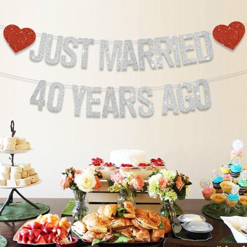 Silver Glitter Just Married 40 Years Ago Banner,NO DIY,Pre-Strung 40th Wedding Anniversary Party Decorations 40 Years Blessed & Loved Garland Sign We Still Do 40th Party Supplies - color: 40silver