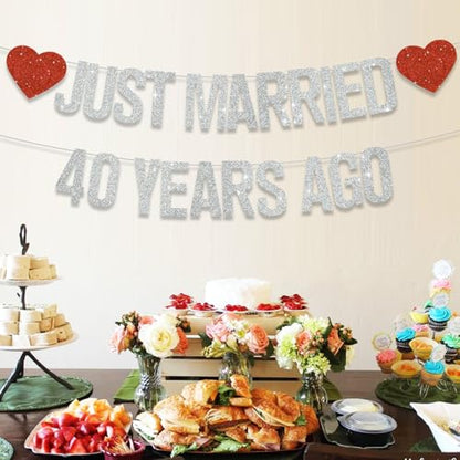 Silver Glitter Just Married 40 Years Ago Banner,NO DIY,Pre-Strung 40th Wedding Anniversary Party Decorations 40 Years Blessed & Loved Garland Sign We Still Do 40th Party Supplies - color: 40silver