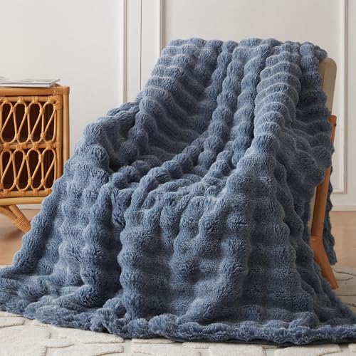 COOVA Soft Bubble Faux Fur Throw Blanket, 50"x60", Cationic Dark Blue - color: Cationic Dark Blue, size: 50“x60”