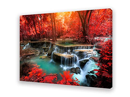 Muolunna BK03969 Wall Art Decor Canvas Print Picture Red Forest Waterfalls 1 Piece Modern Landscape Tree for Living Room Bedroom Kitchen Office Home Decorations Stretched and Framed Ready to Hang - color: Red, size: 36"L x 24"W
