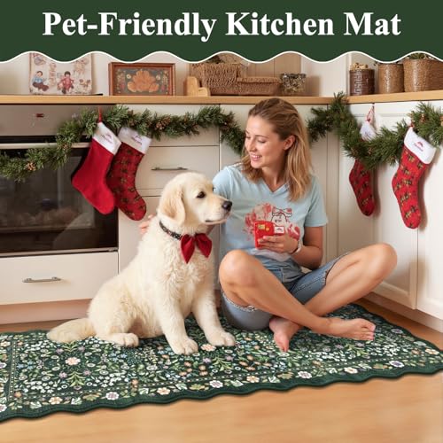 Yamaziot Boho Anti Fatigue Kitchen Rug Set of 3 Scalloped Non-Slip, Green - color: Green & Black, size: 17.3"x29"+17.3"x35"+17.3"x47"
