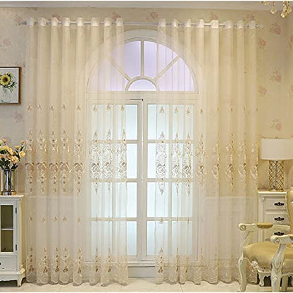 Amidoudou 1 Pair European Jacquard Sheer Curtains Embroidered Tulle Curtains Living Room Bedroom Luxury Translucent Curtains (Beige,51x84 Inch) - color: Beige, size: 51"W x 84"L (Pack of 2)