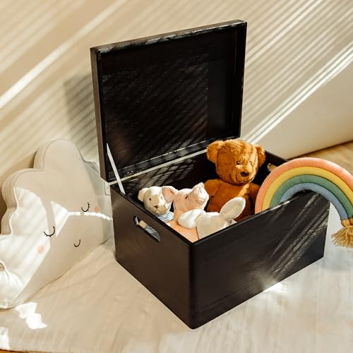 Creative Deco Large Black Wooden Box Storage with Hinged Lid - color: Black, size: XXL | Handles
