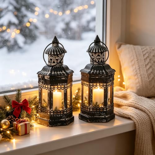 Set of 2 Black Distressed Metal Lanterns, Vintage Farmhouse Decorative Wind Lights, Rustic Hanging Candle Holders Lantern for Christmas, Mantel, Tabletop - color: Black - Set of 2