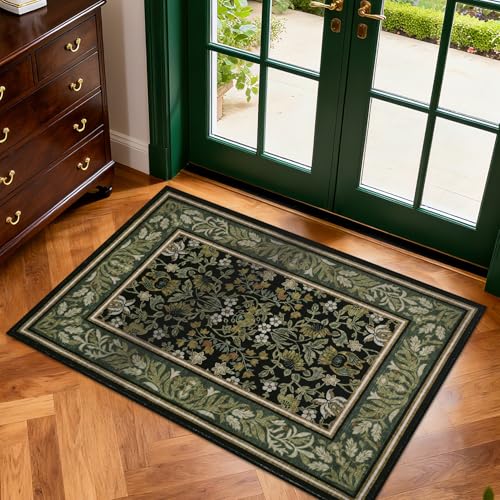 GarveeHome Small Area Rugs 2x3 Non Slip Washable Entryway Rug, Green Black | Boho Vintage Front Door Mat Soft Low-Pile Stain Resistant Indoor Throw Carpet for Kitchen Bathroom Bedroom Decor - color: Green Black, size: 2' x 3' (Rectangular)