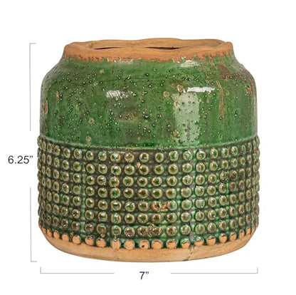 Creative Co-Op Round Terra-Cotta Hobnail Planter Vase with Heavily Distressed Finish, Green - color: Green, size: 7.25" diameter x 6.25" tall