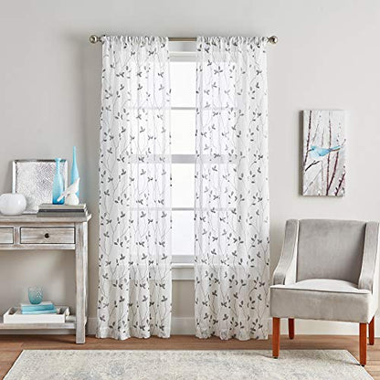 Curtainworks Botanical Embroidery Sheer Window Curtain Collection, Rod Pocket, 84-inch Panel Pair, Grey - color: Grey, size: 37"W x 84"L (Pack of 2)