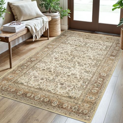 SIILOOM 3x5 Washable Area Rug Non Slip Door Mat Indoor for Entryway Bedside - color: Beige/Brown, size: 3' x 5' (Rectangular)