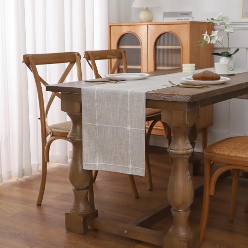 Gernaice Boho Table Runner, Modern Plaid Cotton Linen Farmhouse Table Runners for Dresser Dining Living Room Bedroom Home Decor, 60" L X 13" W Brown - size: 13" X 60", style: Brown Plaid