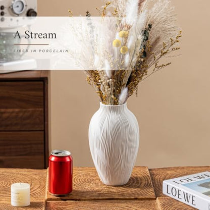 White Ceramic Vase for Pampas Grass, 9.2 Inch Wavy Textured Vase Gift - color: Windblown Texture Vase