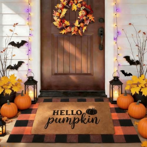 2 Pack Halloween Door Mat Set, Pumpkin Coir Mat & Orange Black Plaid Mat - color: Orange and Black
