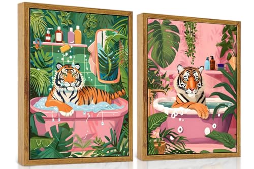 2 Pack Whimsical Tiger In Bathtub Wall Art Funny Bathroom Wall Art 16"x24" - color: Tiger in Bathtub, size: 16"x24"