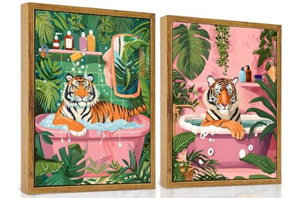 2 Pack Whimsical Tiger In Bathtub Wall Art Funny Bathroom Wall Art 16"x24" - color: Tiger in Bathtub, size: 16"x24"
