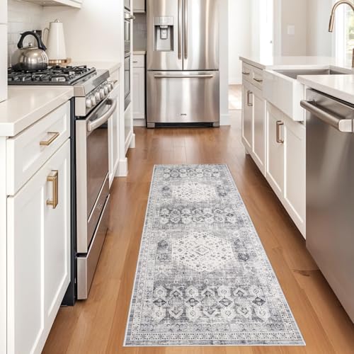 Washable 2x6 Kitchen Runner Rug - Indoor Hallway Rugs with Non Slip Backing Soft Stain Resistant Floor Carpet for Entryway Laundry Vintage Floor Home Decor Mat for Bathroom (2' x 6', Grey) - color: Grey, size: 2' x 6' (Runner)