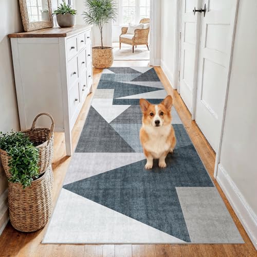 4x10 Washable Geometric Runner Rug - Non-Slip Wide Hallway Rugs Blue Grey - color: Blue/Grey, size: 4' x 10' (Rectangular)