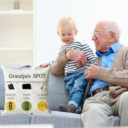 ONFAON Grandpa Gifts,Grandpa's Spot Throw Pillow Covers 18x18 Inch,Put Phone Glasses and Remote Control Pillowcase,Birthday Christmas Thanksgiving Day Gifts for Grandpa Stepdad,3-Pocket - color: Grandpa 3-pocket