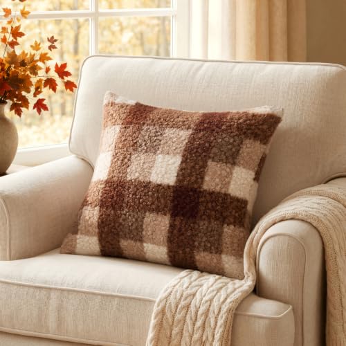 MIULEE Fall Plaid Pillow Covers Boucle Brown White 20x20 Set of 2 - color: Brown White, size: 20" x 20" (Pack of 2)