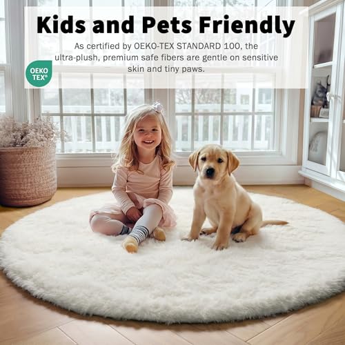 Cream White Fluffy Round Rug Circle Area Rugs 4ft for Kids Teen Bedroom - color: Cream White, size: 4' (Round)